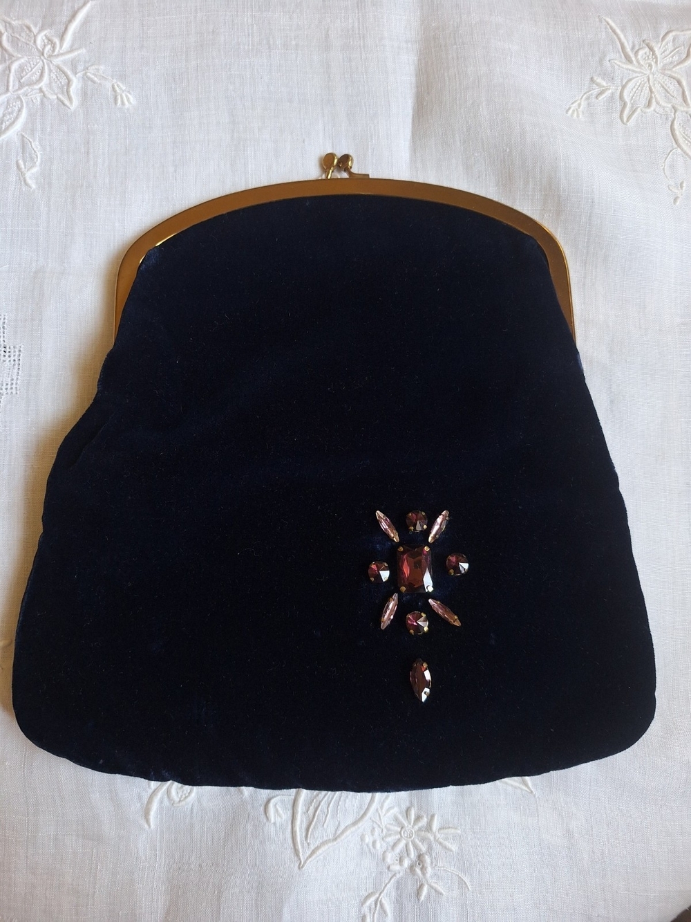 Vintage-Repurpose Dark Blue Velvet Evening Clutch with Gem Detail